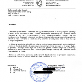 Obavjest o usklađivanju sa novim Zakonom o OBRT 75 21